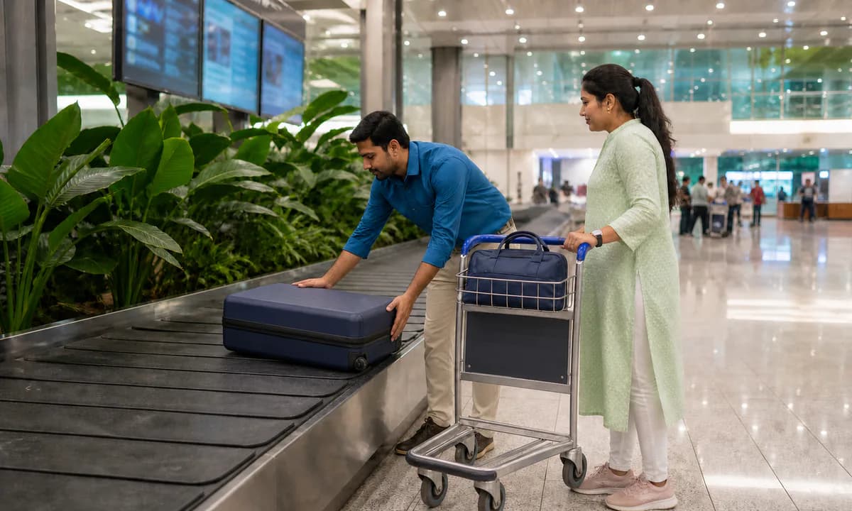 Illustrative reconstruction of passengers collecting checked baggage before entering Singapore Customs