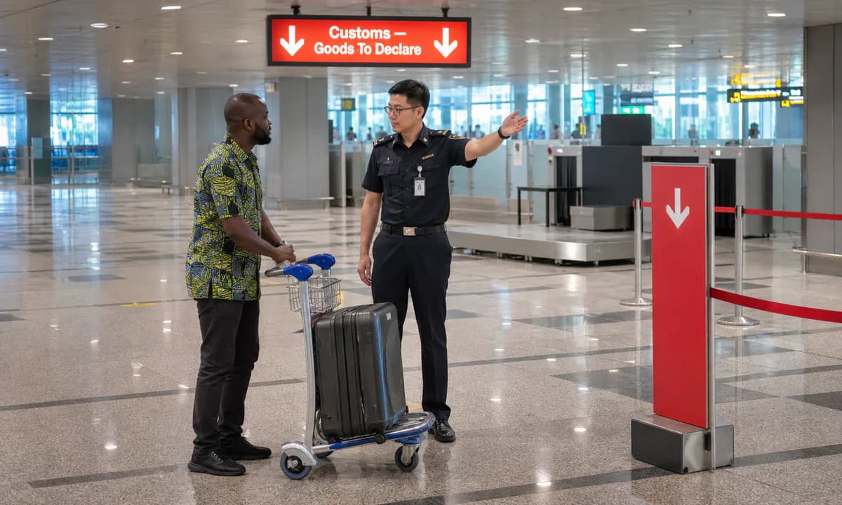 Illustrative reconstruction of a traveller asking a Singapore Customs officer about goods at the Red Channel