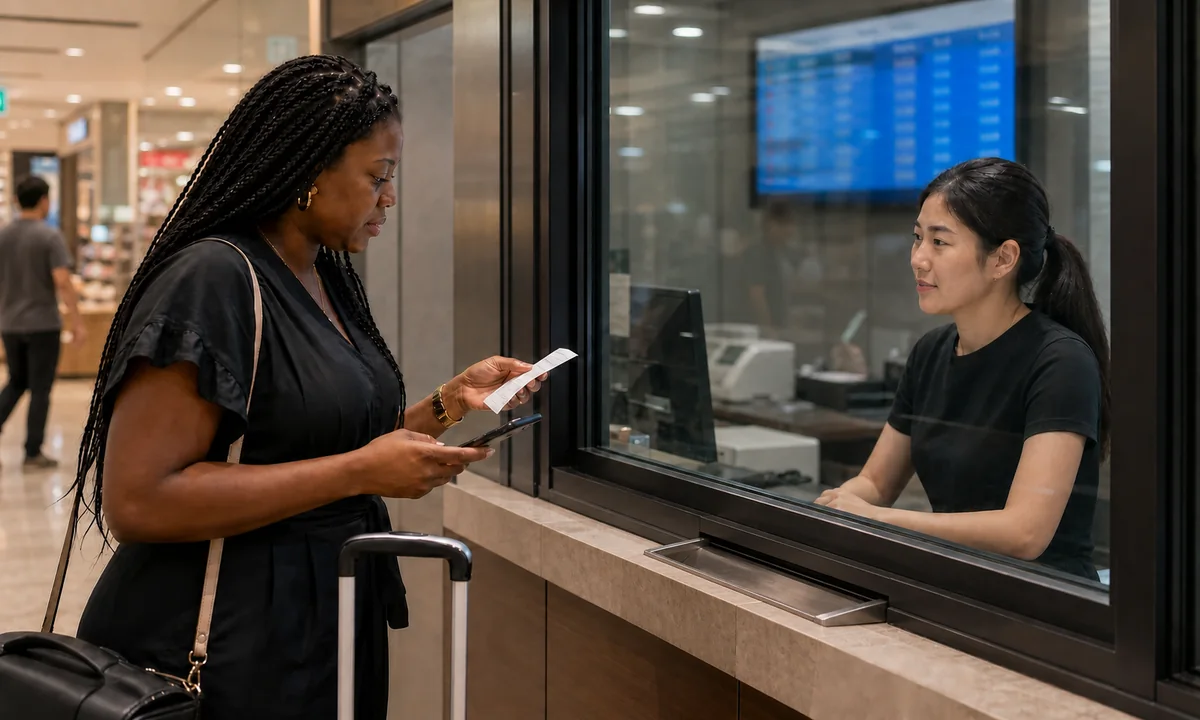 Traveller comparing a receipt and rate board at a Singapore currency exchange counter