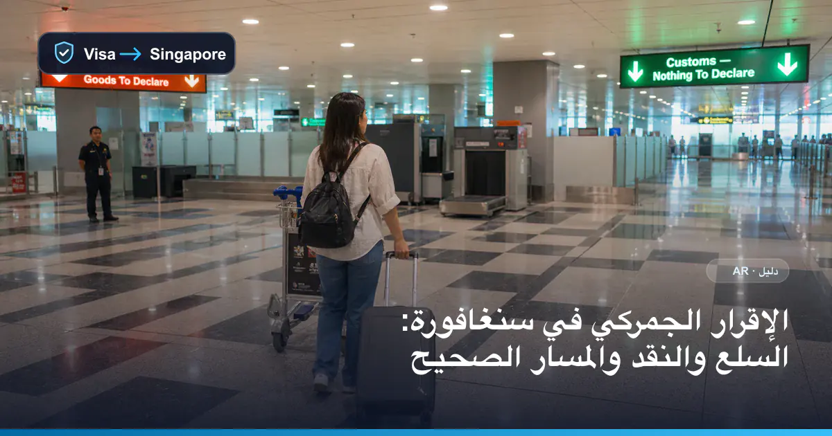 مشهد توضيحي لمسافرة تختار المسار الجمركي الأحمر أو الأخضر بعد استلام الأمتعة في مطار شانغي