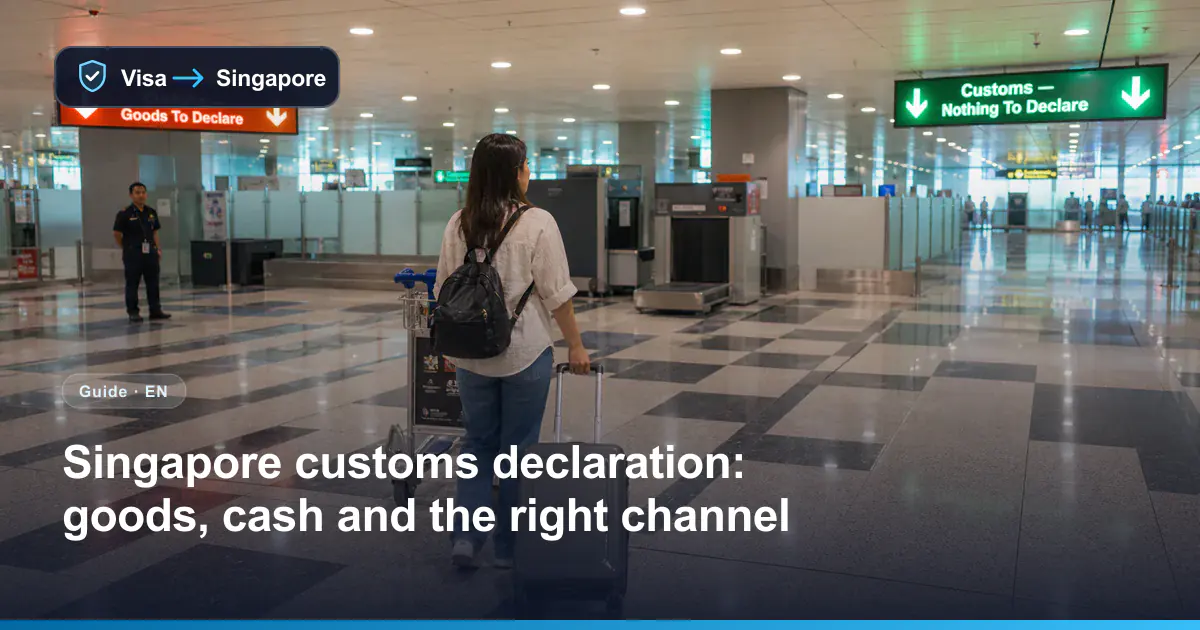 Illustrative view of a traveller choosing the Red or Green Customs Channel after baggage claim at Changi Airport
