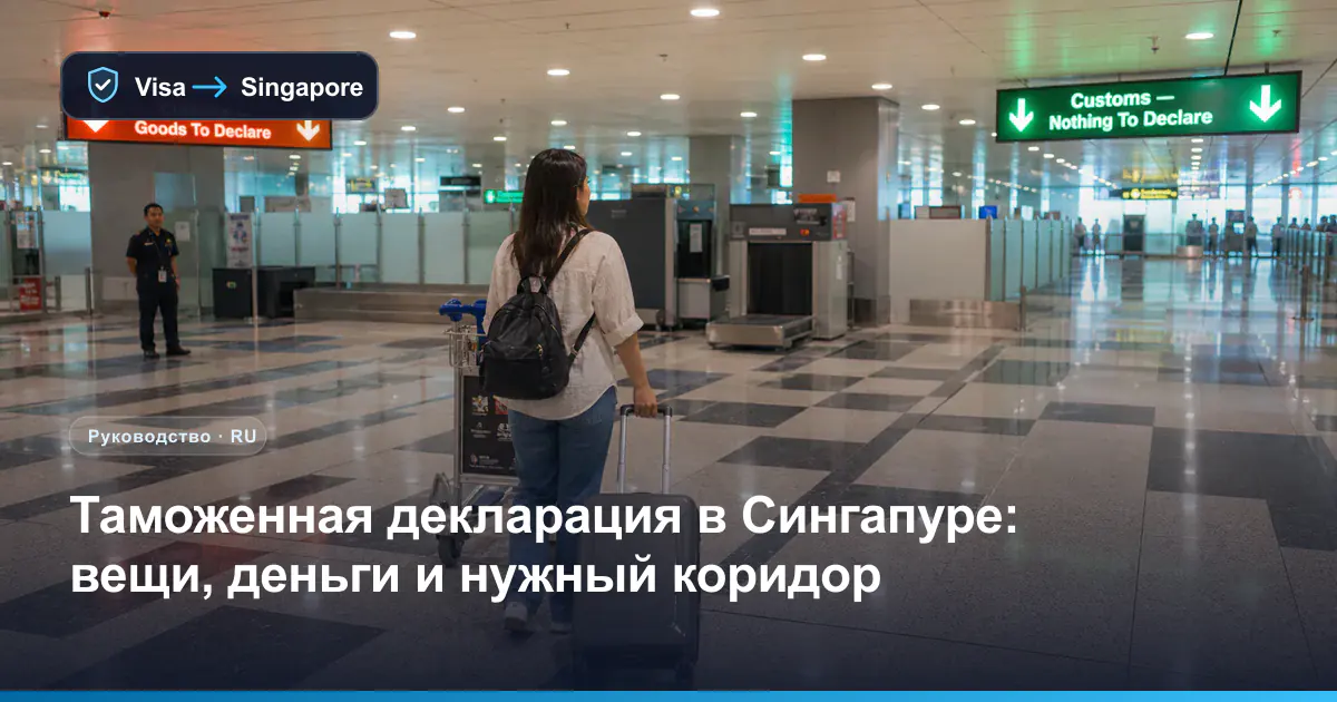 Иллюстрация: путешественница выбирает красный или зелёный таможенный коридор после получения багажа в аэропорту Чанги