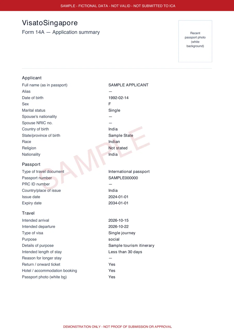用于审核新加坡签证申请的虚构 SAMPLE PDF