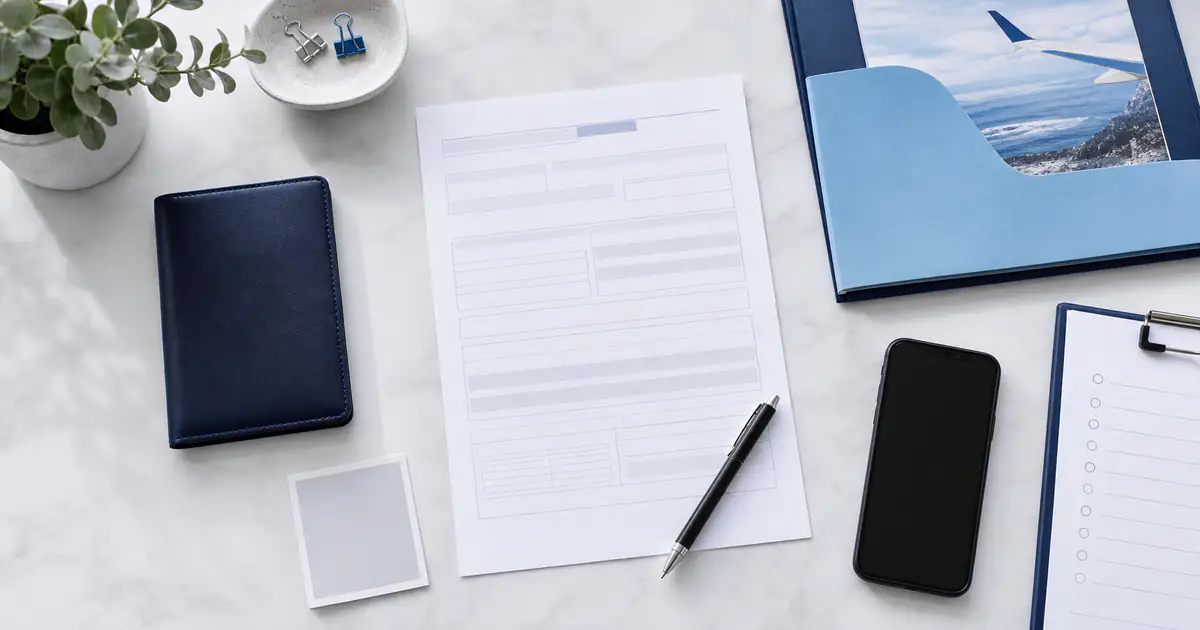 Unbranded application form, passport wallet and pen arranged for a document check