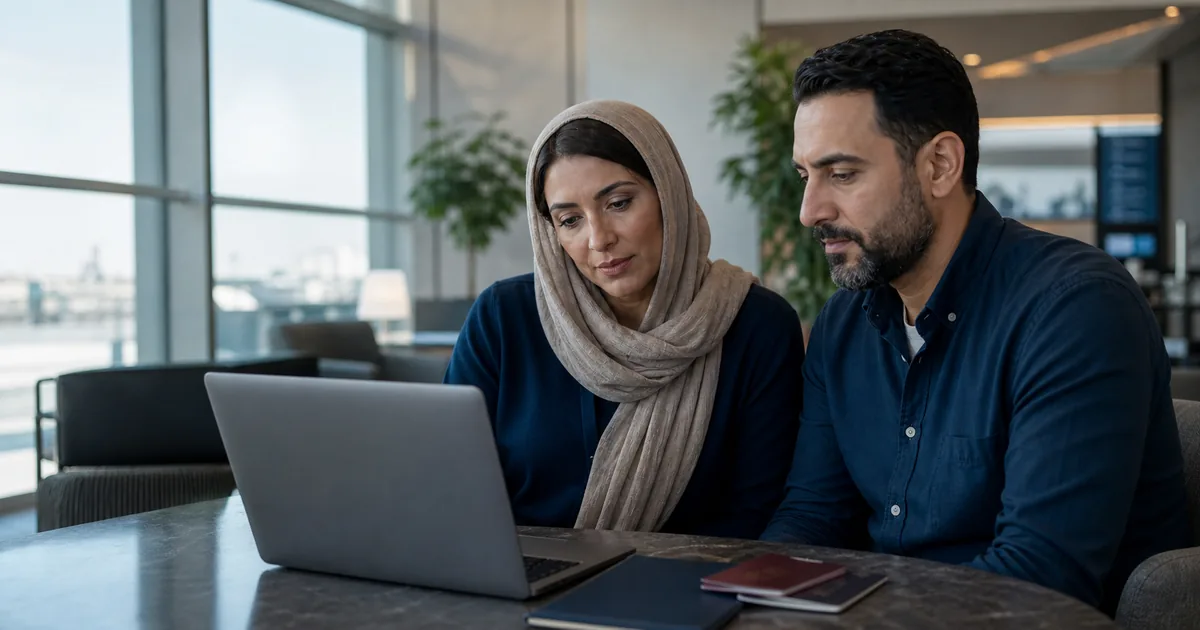 Travellers reviewing trip plans on a laptop in an airport lounge