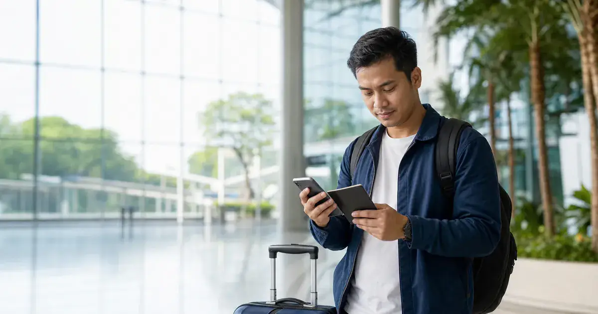 Traveller checking a passport wallet and phone at a Singapore airport