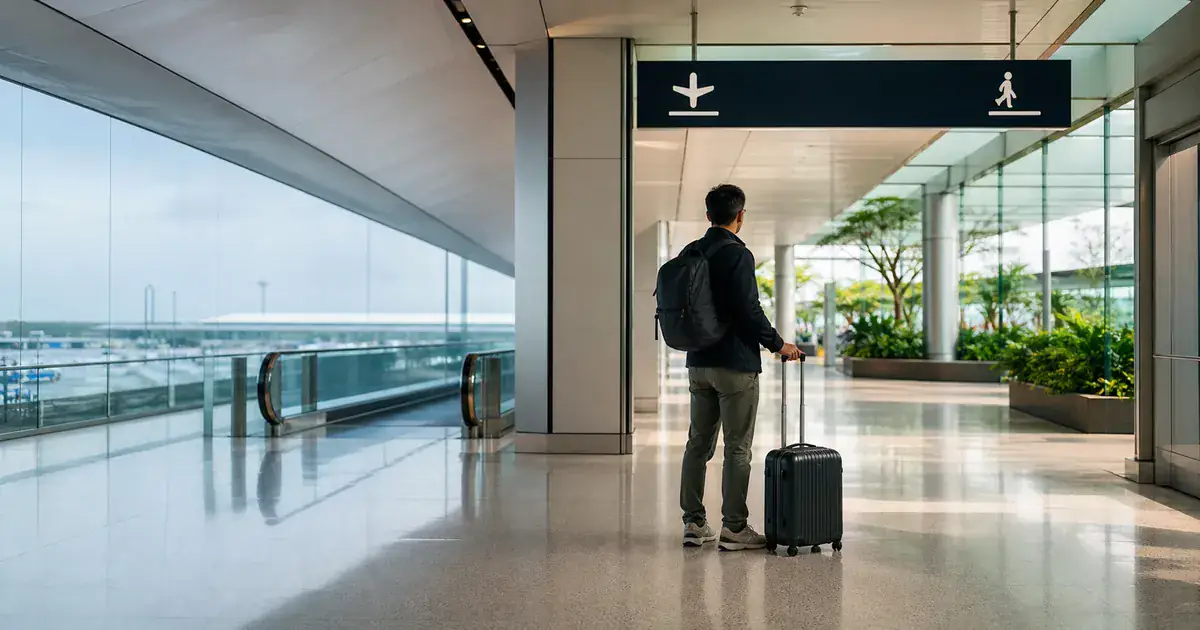 Traveller choosing between transit routes inside a Singapore airport terminal